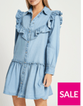 River Island Petite Denim Frill Detail Shirt Dress Mid Blue Size S BNWT RRP £46