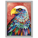 Bald Eagle Bird With Multicoloured Feathers Folk Art Watercolour Painting Artwork Framed Wall Art Print A4