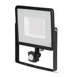 V-TAC Projecteur LED puce Samsung 50 W avec capteur de mouvement et crépusculaire et interrupteur manuel de verrouillage couleur noir 4000 K IP65