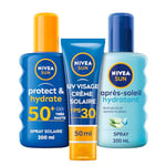 Lot de NIVEA SUN Crème solaire UV VISAGE FPS 30 (1 x 50 ml), Spray solaire Protect & Hydrate FPS 50+ (1x200 ml), Spray après-soleil Hydratant (1 x 200 ml), spray hydratant corps à l'aloe vera bio