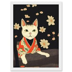 Cute White Cat In Red Kimono Sitting On The Floor In Japan House Artwork Framed Wall Art Print A4