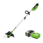 Greenworks cordless grass trimmer (Li-Ion 40V 30.5cm cutting width 7000rpm variable speed control rotatable and tiltable motor head aluminum handlebar flowerguard with 5Ah battery & charger)