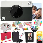 KODAK Printomatic Instant Camera (Black) All-In-Bundle + Zink Paper (20 Sheets) + Case + Photo Album + 7 Sticker Sets + Markers + Scissors