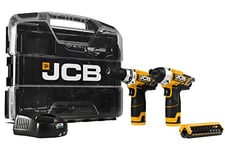 JCB 12V 2.0Ah Twin Pack W-Box Cordless Combi Drill and Impact Driver with 2x2.0Ah Batteries, Fast Charger, Variable Speed & LED Light in Power Tool Case, 3 Year Warranty