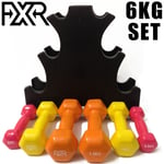 FXR 6KG VINYL HAND DUMBBELL WEIGHTS SET WITH HOLDER FITNESS GYM WORKOUT WEIGHT
