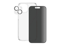 PanzerGlass Privacy - 3-in-1 Pack - screen / lens / back protector kit för mobiltelefon - glas - med sekretessfilter - ramfärg svart - för Apple iPhone 15