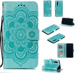 Portefeuille Coque Pour Huawei P30 Smartphone Magnétique Pu Cuir Etui Rabat Avec Fente Pour Carte Et Dragonne Mandala Fleur Motif - Vert