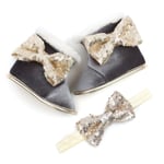 Baby Girl Sequin Bow Princess Boots Shoes+headband 2pcs Set Gray 12-18m