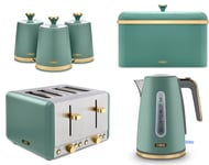Tower Cavaletto Jade Kettle 4 Slice Toaster Bread Bin & Canisters Set of 6 Green