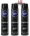 3 x Nivea Men DEEP Black Charcoal Dark Wood 48H Anti Perspirant Deodorant 250ml