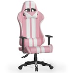 Fauteuil Gamer Bigzzia Chaise Gaming Ergonomique - avec appui-tête et oreiller lombaires - Inclinable 90 °-135 ° - Rose et Blanc