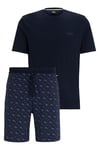 BOSS Mens Mono Short Set Interlock-cotton pyjamas with branding in gift box Blue