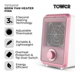 Tower Electric Fan Heater, T675001P Personal 3 Heat Settings 600W in Pink