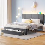Stoppad dubbelsäng 160x200cm - med LED och USB-laddningsanslutning - med stor låda - grå
