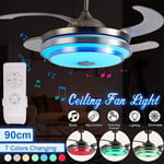 QSBY Invisible wind fan light Remote control discoloration sound chandelier 3-speed control Ceiling fan lamp for bedroom kitchen balcony 41cm,Bluetooth silver