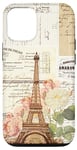 Coque pour iPhone 14 Pro Vintage Paris Tour Eiffel avec roses roses et éphémères