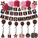 80th birthday decorations for women - (21pack) cheers to 80 years rose gold glitter banner for women, 6 paper Poms, 6 Hanging Swirl, 7 decorations stickers. 80 Years Old Party Supplies gifts for women