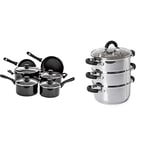 Amazon Basics 6 Piece Non Stick Induction Cookware Set, with Lids & Tower T80836 Essentials Induction Steamer Pans 3 Tier with Glass Lid, Silicone Handles, Stainless Steel, 18 cm, Silver