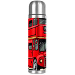 London Re Bus Best Vacuum Flask Stainless Steel Thermos Bottle- Leather Insulating Cup - Hot Coffee or Cold Tea + Drink Cup Top - Perfect for Office, Camping and Outdoors