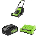Greenworks G24LM33 Cordless Lawn Mower, 24 V & Battery G24B4 2nd Generation & 24V 2A Dual Slot Universal Charger