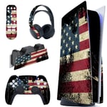 playvital US Flag The Stars & Stripes Full Set Skin Decal for ps5 Console Disc Edition,Sticker Vinyl Decal for ps5 Controller & Charging Station & Headset & Media Remote