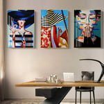RuYun Modern Woman Hat Abstract Canvas Painting Cartoon Wall Art Print Poster Picture Decorative Painting Living Room Home Decoration 30x40cmx3 No Frame