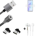 Magnetic charging cable + earphones for Oppo A57s + USB type C a. Micro-USB