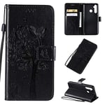 NO LOGO Anti-fall Phone Case For OPPO Realme 5 Pro Case, Cat & Tree Embossment Pattern Leather Wallet Case, Folio Stand Case With Card Holder And Handwrist (Color : Black)