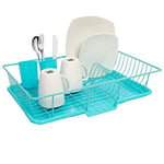 Sweet Home Collection Dish Rack Drainer 3 Piece Set with Drying Board and Utensil Holder, Metal, Plasic, Turquoise