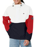 Tommy Hilfiger Men's Retro Lightweight Taslan Popover Jacket Windbreaker, Tricolor Midnight/Ice/Red, S