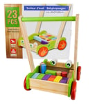 Baby Wooden Walker with Wooden Bricks Blocks Activity Cart Learning Toddler Educational Colourful Toy