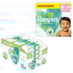 Pampers Blöjset Harmonie storlek 4, 9-14 kg (174 blöjor) och våtservetter Aqua 720 (15 x 48 st).
