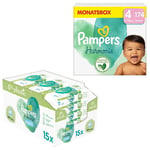 Pampers Blöjset Harmonie storlek 4, 9-14 kg (174 blöjor) och våtservetter Aqua 720 våtservetter (15 x 48 st).