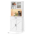VASAGLE Meuble de Rangement avec Lumières et Chargeur, Placard de Cuisine, avec Portes et Tiroirs, Buffet, Meuble à café, Étagères Réglables, Style Campagne, Blanc Nuage BBK363W21