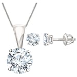 2Hearts D/VVS1 Diamond Solitaire Pendant 18" Necklace & Earrings Set 4 Prong in 14K White Gold Plated