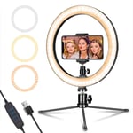 LED Ring Light 10", Shooting with 3 Light Modes & 10 Brightness Level with Tripod Stand & Phone Holder for Live Streaming & YouTube Video, Dimmable Desk Makeup Ring Light for Photography