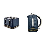 Tower T20061BLK Empire 4-Slice Toaster with Defrost/Reheat, Removable Crumb Trays, 1600W, Midnight and Brass & T10052MNB Empire 1.7 Litre Kettle with Rapid Boil, Removable Filter, 3000 W