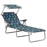 vidaXL Sun Lounger with Canopy Sunshade Lounge Bed Sunbed Foldable Camping Chair Adjustable Backrest Outdoor Garden Patio Steel Leaf Print