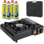 Portable Gas Single Burner Hob Camping BBQ Gas Stove Cooker + 4 Gas Refills Cans