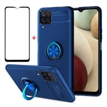 AKABEILA Samsung Galaxy A12 Case Screen Protector, Compatible for Samsung Galaxy A12 (5G) Phone Case Cover Silicone Ring Grip Holder Kickstand [Tempered Glass] Carbon Fiber Shockproof, Blue