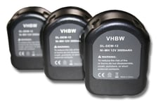vhbw 3x Batteries Ni-MH 3000mAh (12V) pour outils DC742VA, DC742KA, DC743KA, DC743KB, DC745KA comme Dewalt 152250-27, 397745-01, DC9071, DE9037.