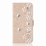 Samsung Galaxy A20e Phone Case, 3D Glitter Gems White Flower Sparkle Bling Cover Shock-Absorption Flip PU Leather Protective TPU Bumper with Magnetic Stand Card Holder Slots for Girls Women Golden