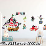 Stickers muraux enfants - Decoration chambre bébé - Sticker mural chambre enfant - Autocollant mural animaux pirates à la conquête du trésor - H60 x L90 cm