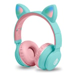 Kids Headphones Wireless Bluetooth Cat Ear Headphones with Flashing Light,SD Card Slot,FM,3.5mm Audio Jack Wired On Ear Headphones for Boys Girls Adults(Blue pink)
