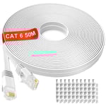 Ethernetkabel 50m, Cat6 Extra Lång Platt Internetkabel 50 Meter, Hög Hastighet Nätverkskabel Vit, Rj45 Kontakt Lan Kabel Kompatibel