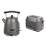 Rangemaster RMCLDK201GY Grey Cordless Electric 1.7L 3kW Classic Kettle (Grey) & RMCL2S201GY Classic Grey 1kW 2 Slice Toaster with Defrost, Cancel & Reheat Functions