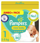 Pampers New Baby Size 1, 80 Newborn Nappies, 2kg-5kg, Jumbo+ Pack