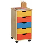 Idimex - Caisson de bureau lagos meuble de rangement sur roulettes avec 5 tiroirs, en pin massif lasuré multicolore jaune rose et bleu - Multicolore