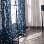 Kotile Voile Net Curtains 54 Inch Drop - Sheer Curtains Printed Silver Foil Tree Branches Pattern Navy Voile Eyelet Top Curtain Panels for Bedroom, 66 x 54-Inch Drop, 2 Panels