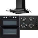SIA 60cm Double Electric Fan Oven, 4 burner Gas Hob And Curved Glass Cooker Hood